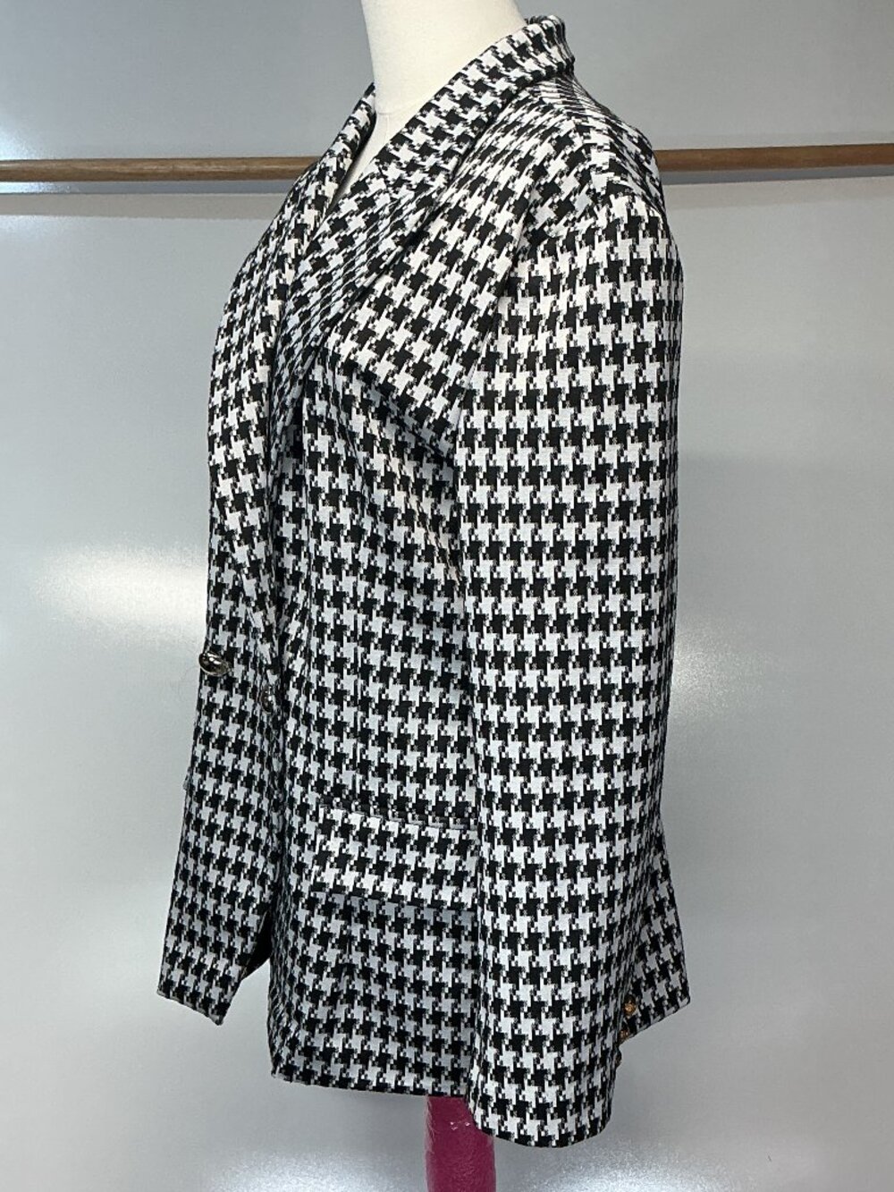 Attitude Unknown L Black White Houndstooth Double Breasted Blazer Gold Buttons - Picture 14 of 16